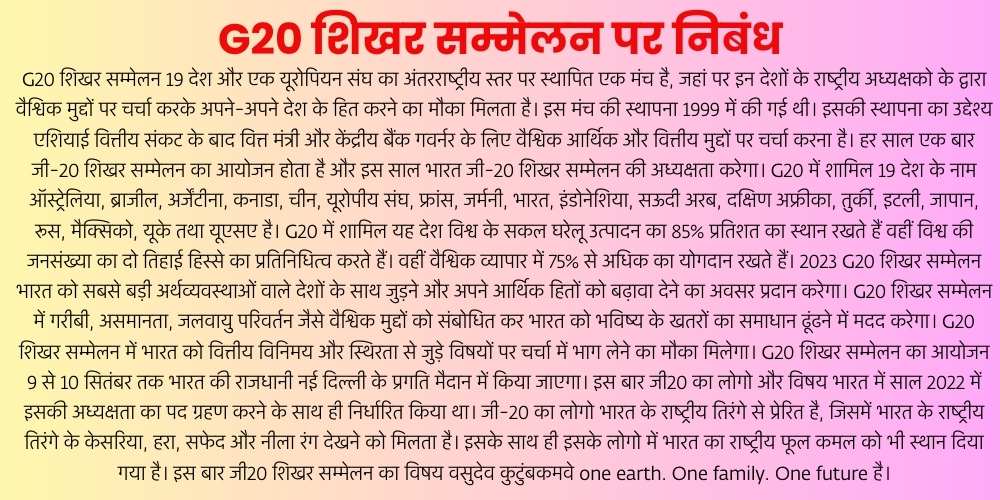 Essay on G20 Summit in Hindi